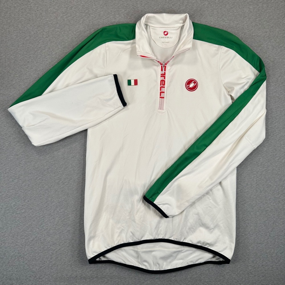Castelli Cycling Jersey Adult Large White Long Sleeve 1/4 Zip Italian Flag